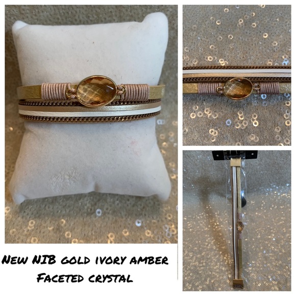 New NIB gold ivory amber wrap bracelet with faceted faux crystal - Picture 1 of 7